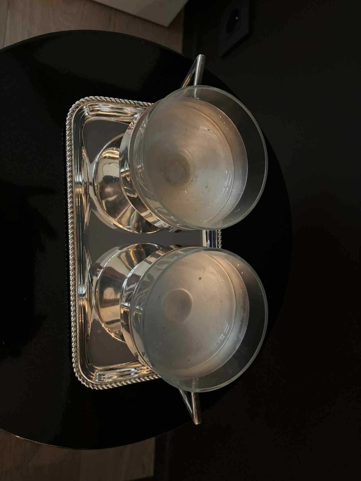 189.0 Vintage 1930s German Silver Plated Messing Versilbert Cups With Glass Inserts + Tray | Late Art Deco | Set Of 2 photo