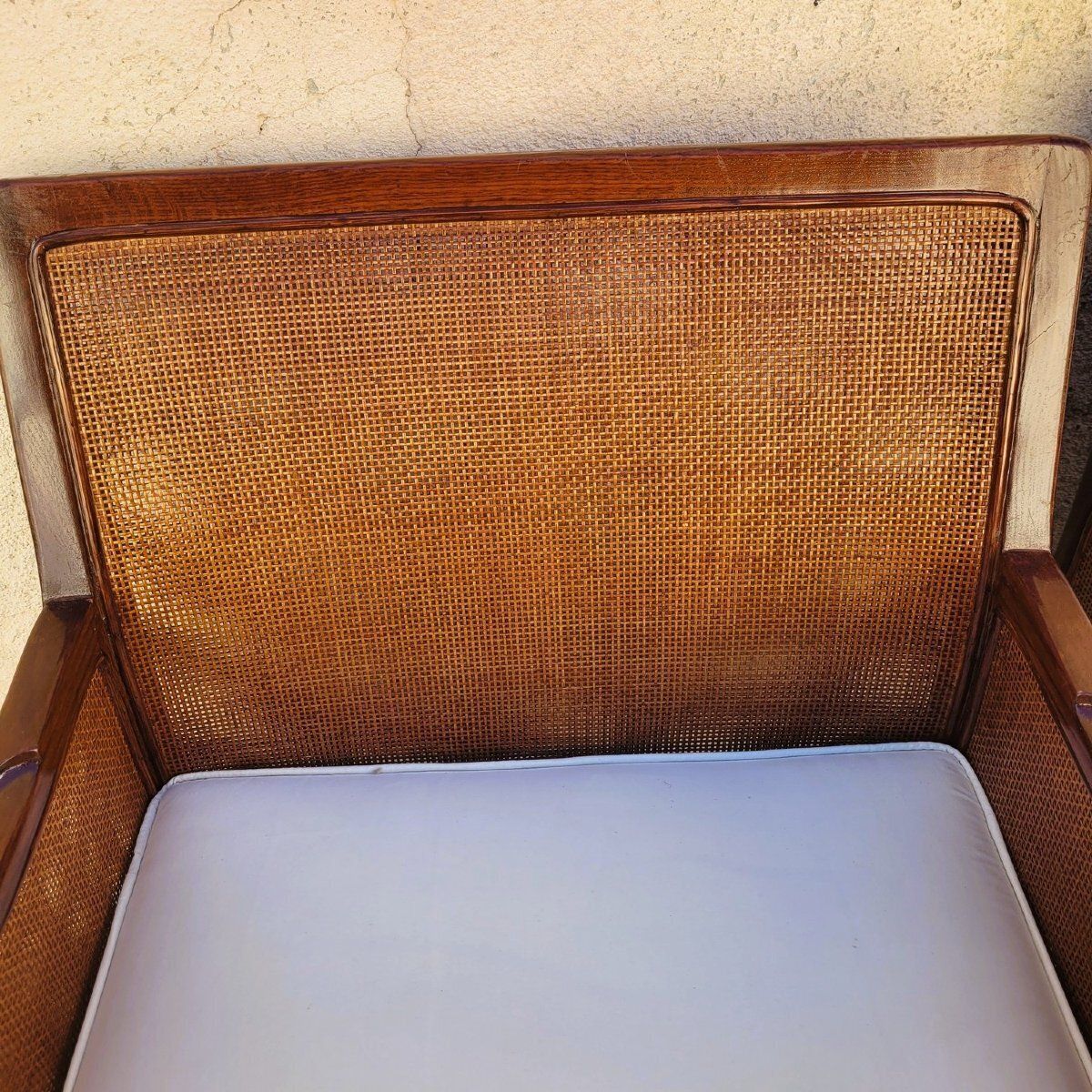 Pair Of Wooden And Rattan Woven Armchairs, 20th Century photo for sale