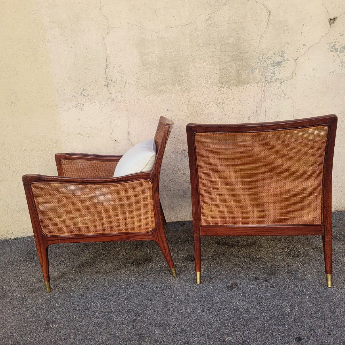 Pair Of Wooden And Rattan Woven Armchairs, 20th Century photo vinterior