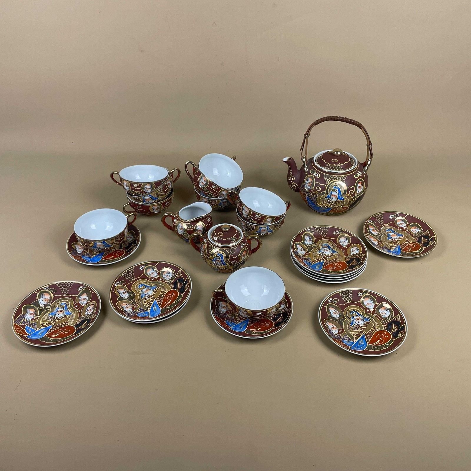 Vintage Satsuma Tea Set Japanese Moriage Porcelain Cups Teapot Saucers Raised Enamel Collectible Dragonware Asian Decor 23 Pieces. photo 195.0