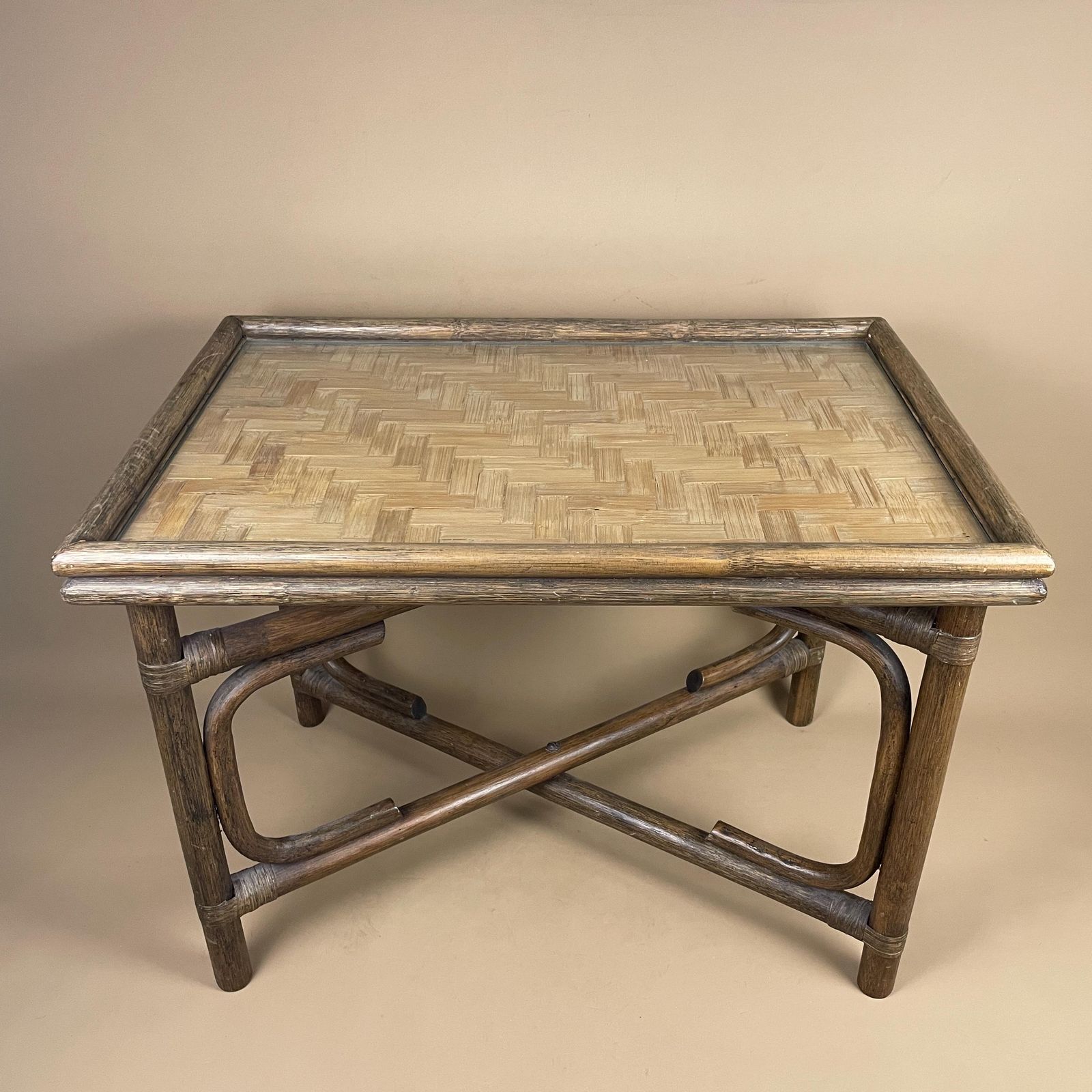 Vintage Bamboo Rattan Table Woven Boho Side Table Glass Top Fold Down Mid Century Accent Tropical Furniture Natural Wood Home Decor.