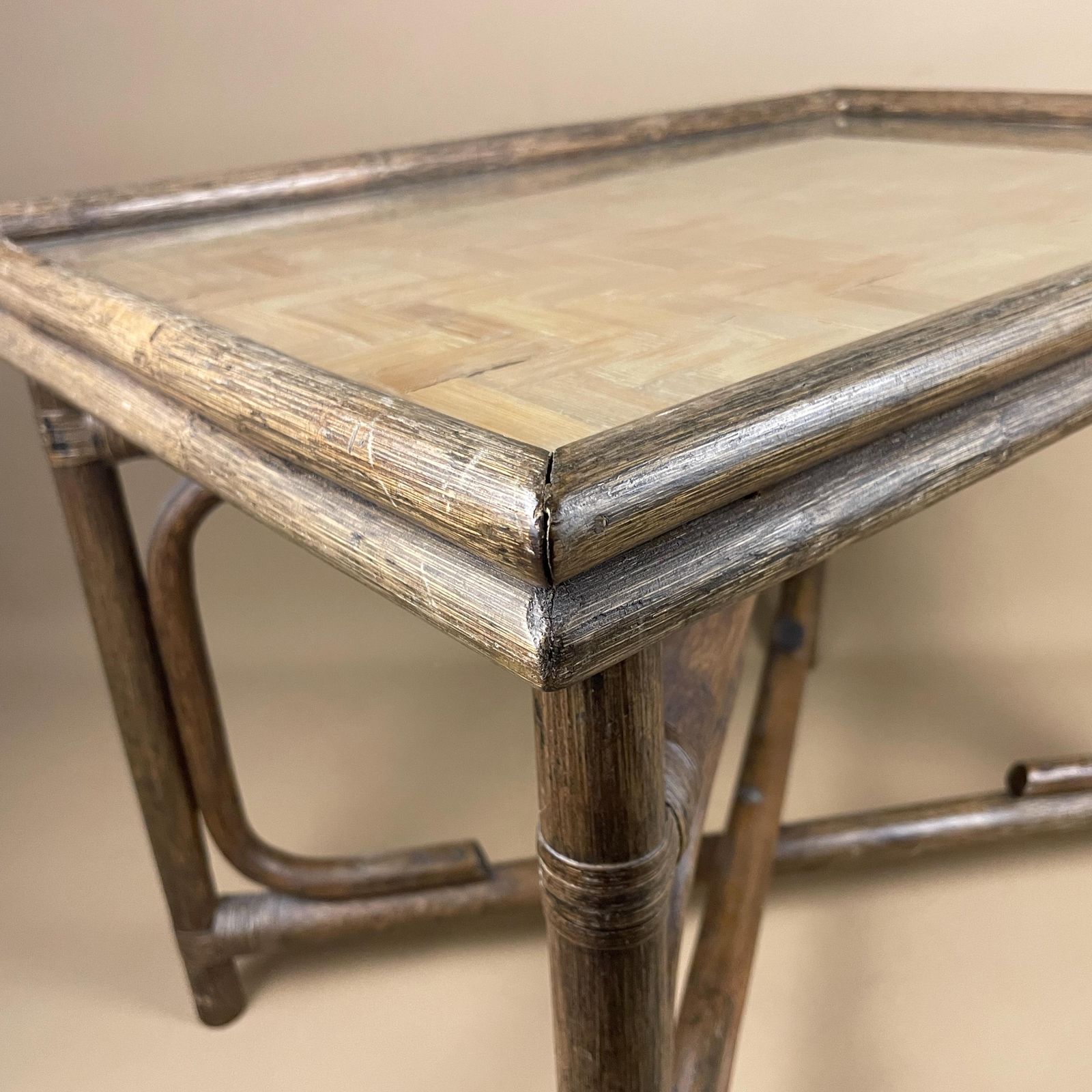Vintage Bamboo Rattan Table Woven Boho Side Table Glass Top Fold Down Mid Century Accent Tropical Furniture Natural Wood Home Decor. photo vintage