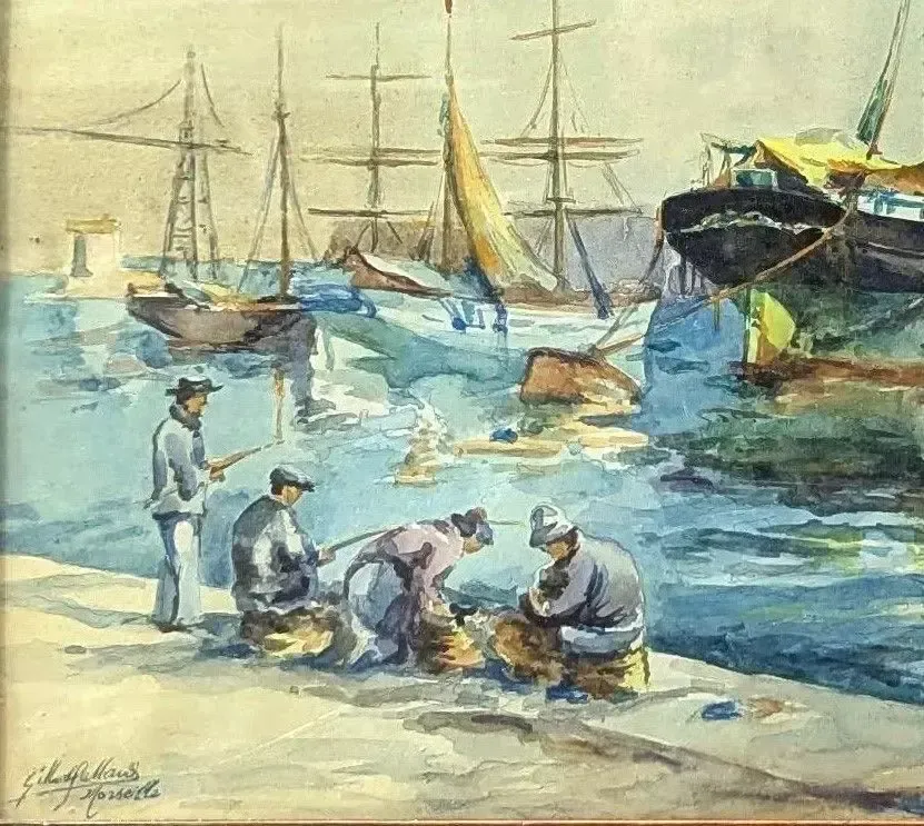 Watercolor By Gilbert Galland, Boats In The Port photo furniture
