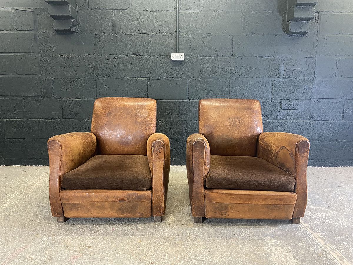Pair Of Original French Art Deco Leather Club Chairs photo for sale
