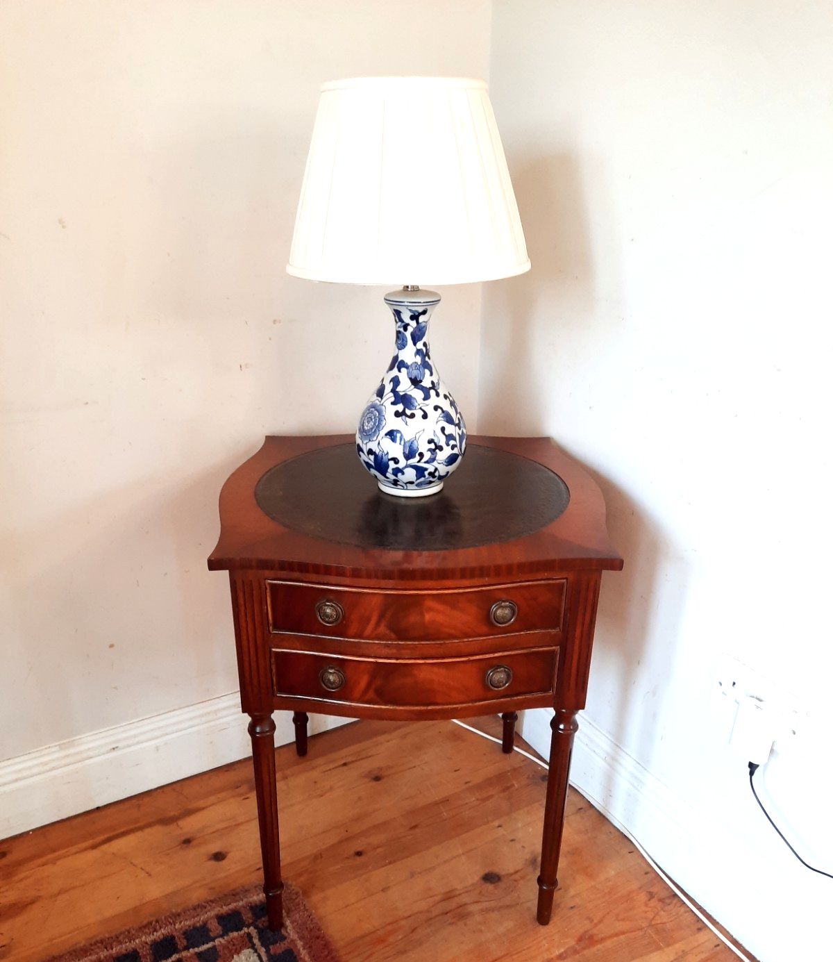 Vintage Bevan Funnel Reprodux Two Drawer Side Table Bedside Green Leather Inlay