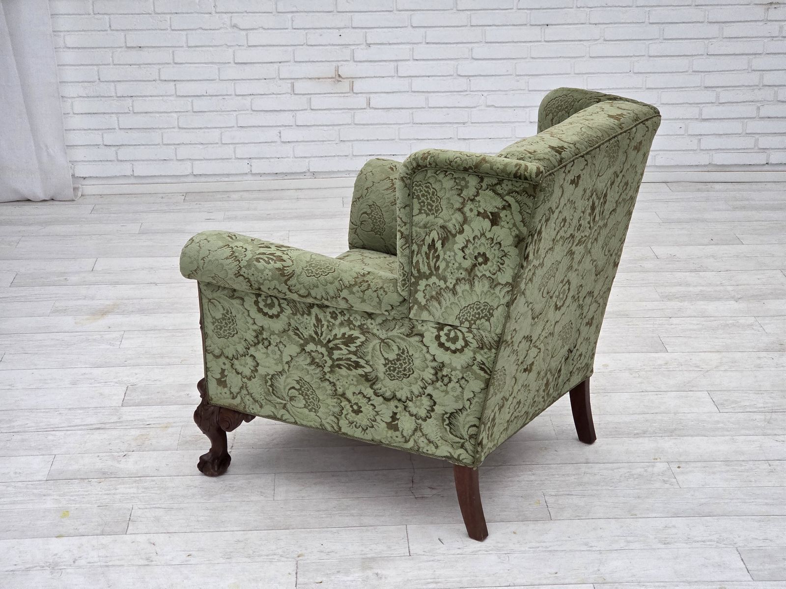 photo buy 1950s, Danish Relax Armchair, Green Furniture Velour, Carved Oak Wood.