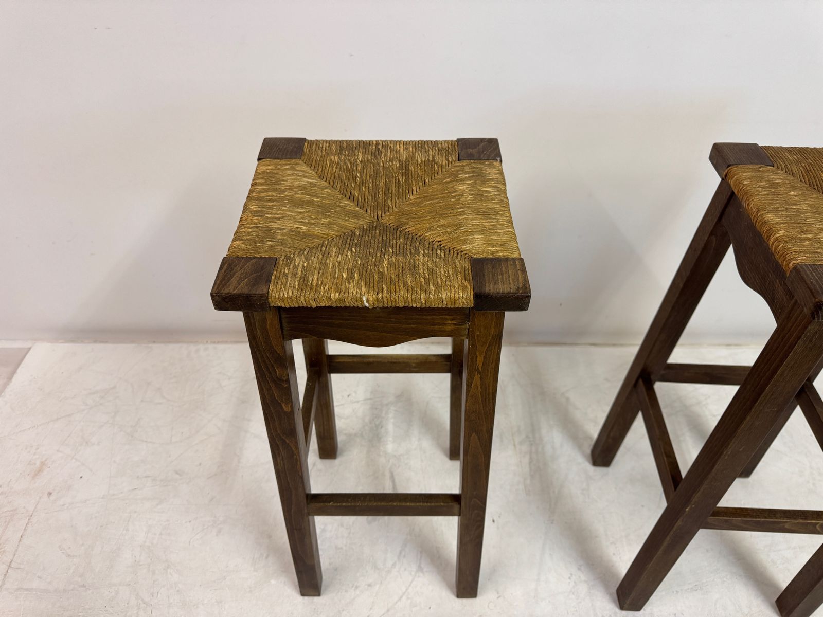 Pair Of Oak And Rush Bar Stools, France, 20th Century photo for sale