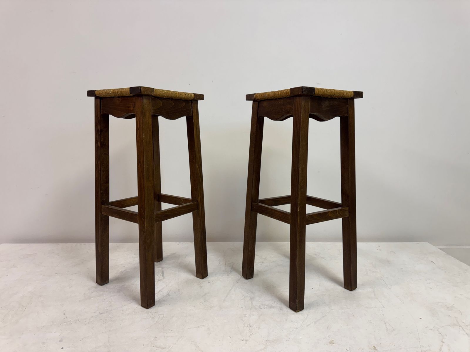 photo furniture Pair Of Oak And Rush Bar Stools, France, 20th Century