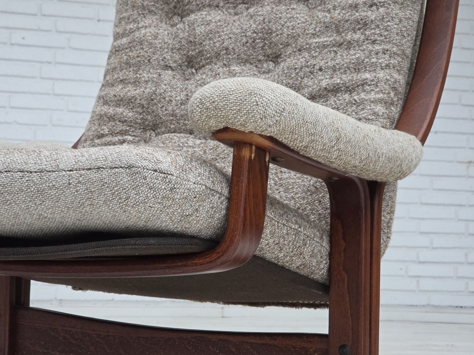 1970s, Norwegian Design Armchair, Blend Wool Fabric, Bent Wood. photo furniture