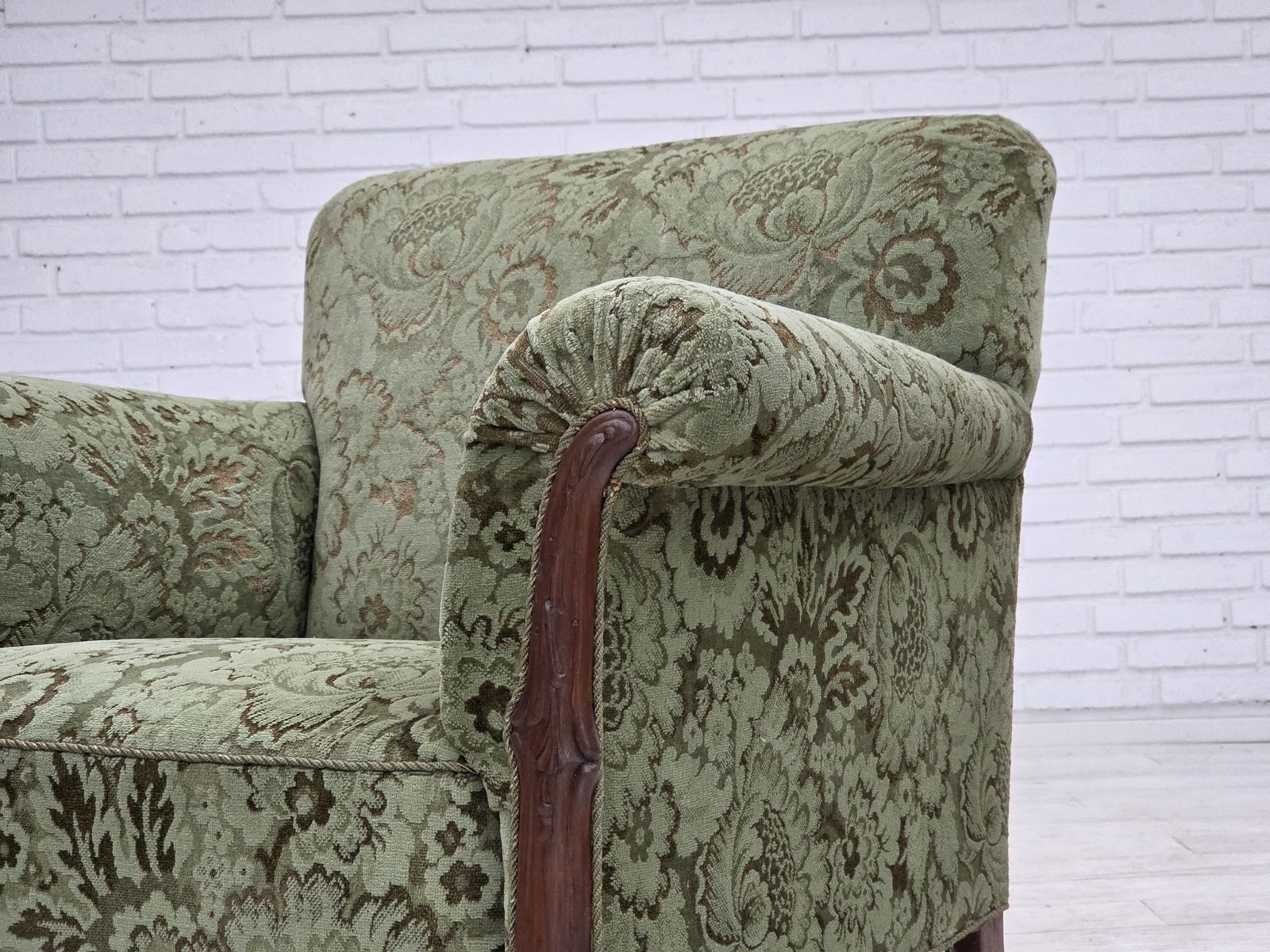 1950s, Danish Armchair, Green Furniture Velour, Carved Oak Wood. photo 1295.0