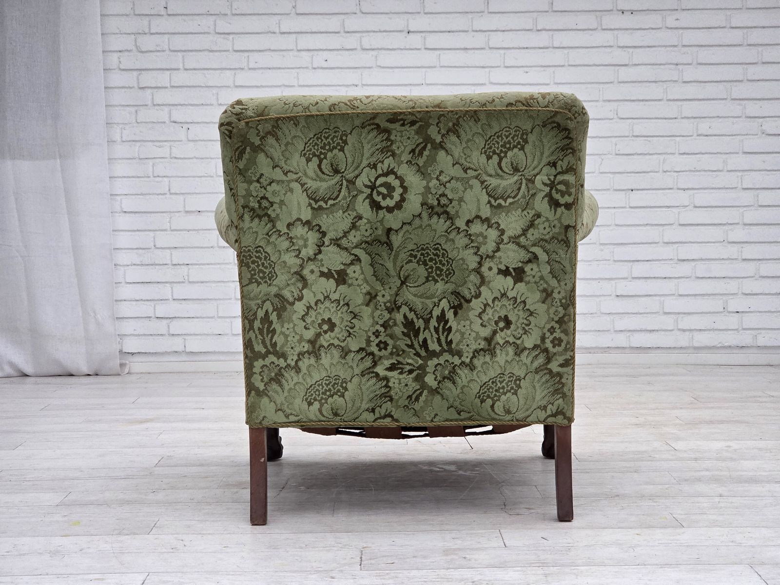 Furniture 1950s, Danish Armchair, Green Furniture Velour, Carved Oak Wood. photo