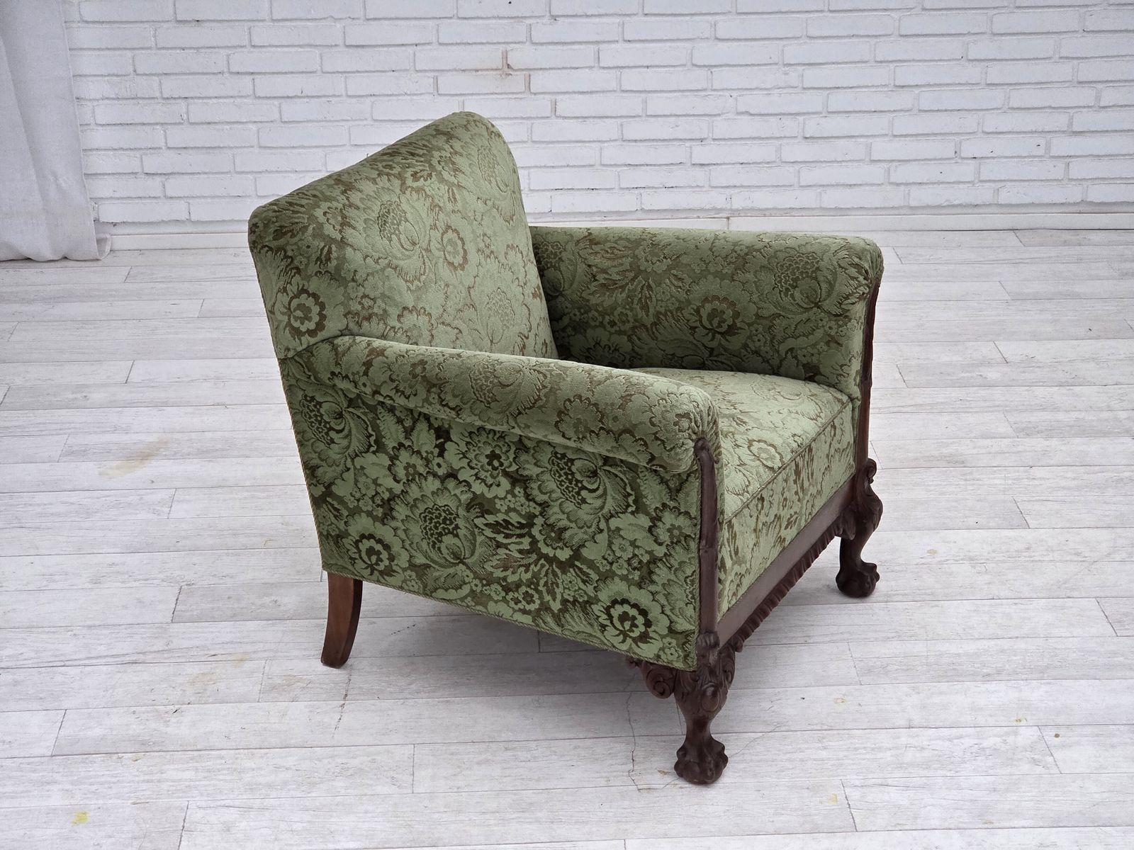 photo buy 1950s, Danish Armchair, Green Furniture Velour, Carved Oak Wood.