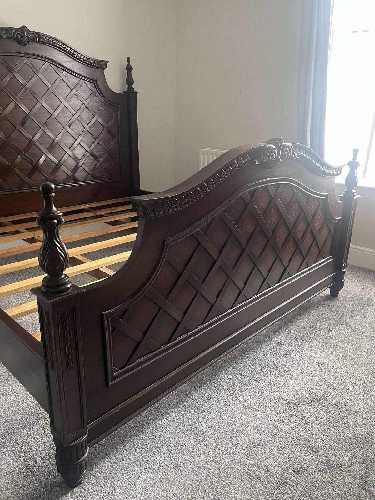 Stunning Oak Carved Dark Wood Vintage French Super King Size Bed photo for sale