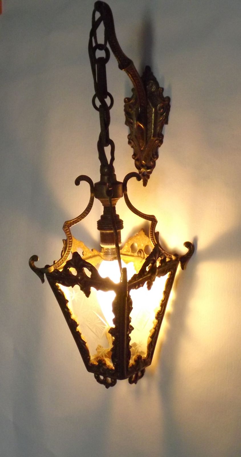 photo for sale Antique French Bronze Wall Lamp Hanging Mini Lantern Etched Starburst Glass Panels