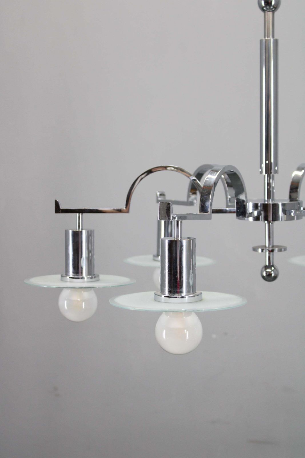 Art Deco Chrome Chandelier With 6 Sandblasted Glass Discs, Czechoslovakia 1930s photo for sale