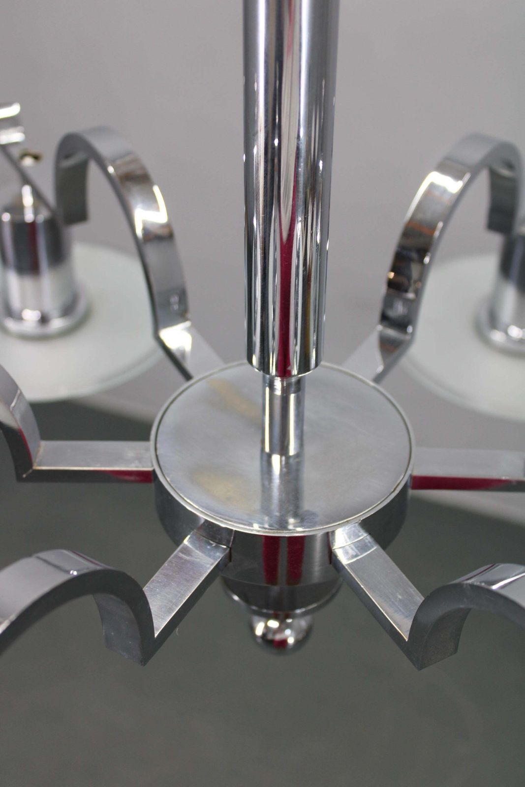 Art Deco Chrome Chandelier With 6 Sandblasted Glass Discs, Czechoslovakia 1930s photo vinterior
