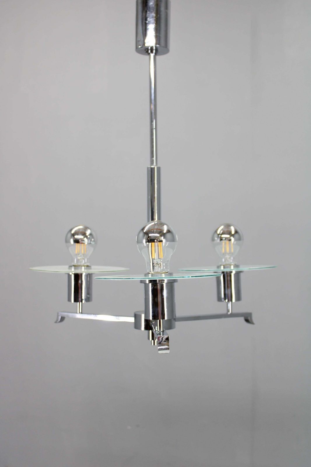Art Deco Chrome And Sandblasted Glass Chandelier, Czechoslovakia, 1940s photo for sale