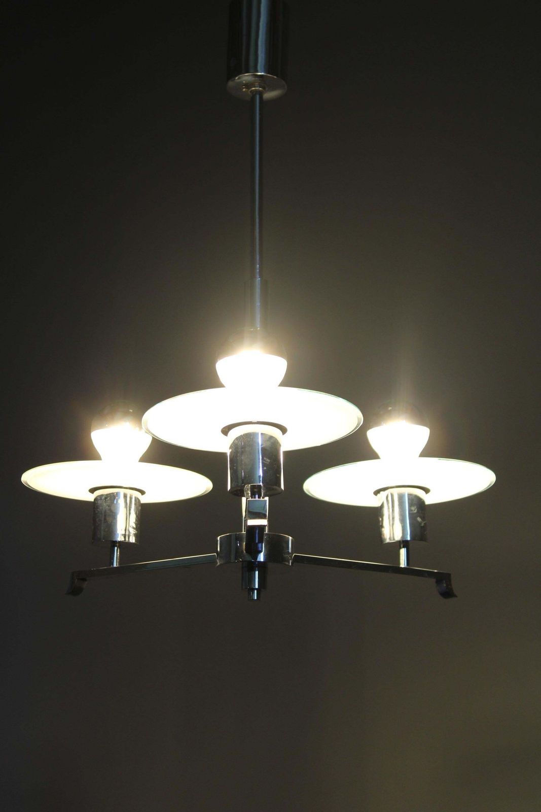 Lighting Art Deco Chrome And Sandblasted Glass Chandelier, Czechoslovakia, 1940s photo