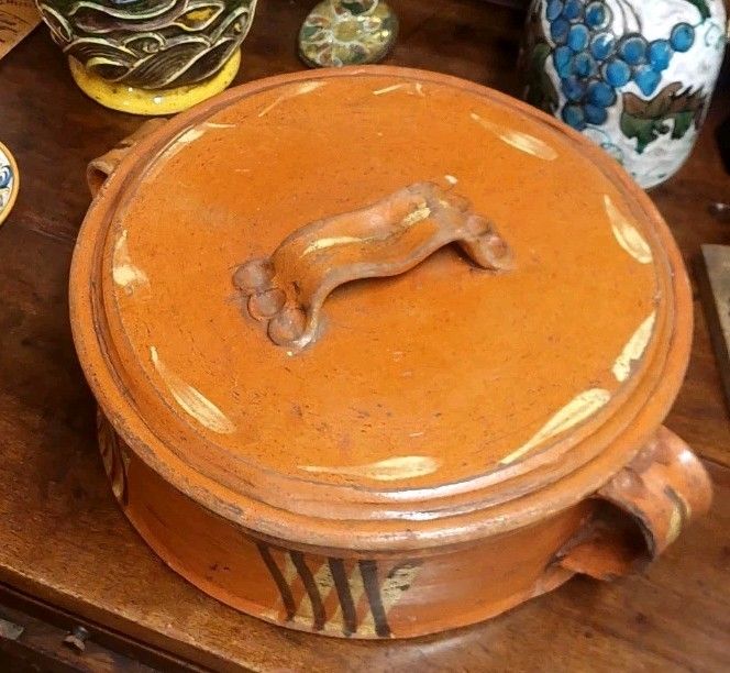 Antique Large Tuscany 19th Century Enamel Terracotta Bean Pot Rare!!!! photo vinterior