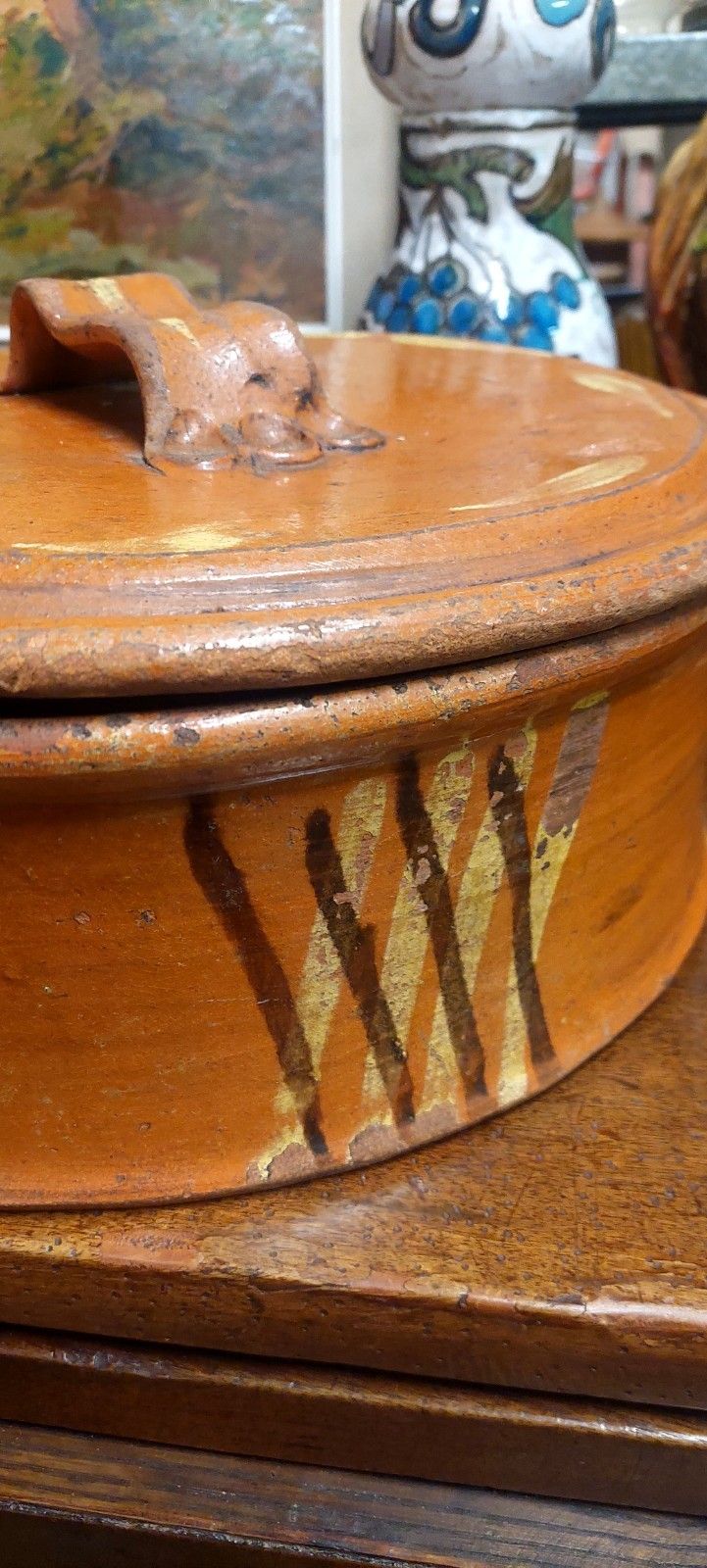 photo for sale Antique Large Tuscany 19th Century Enamel Terracotta Bean Pot Rare!!!!