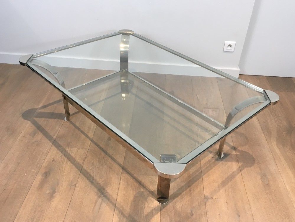Large Design Chrome Coffee Table With Glass Shelves. French. Circa 1970