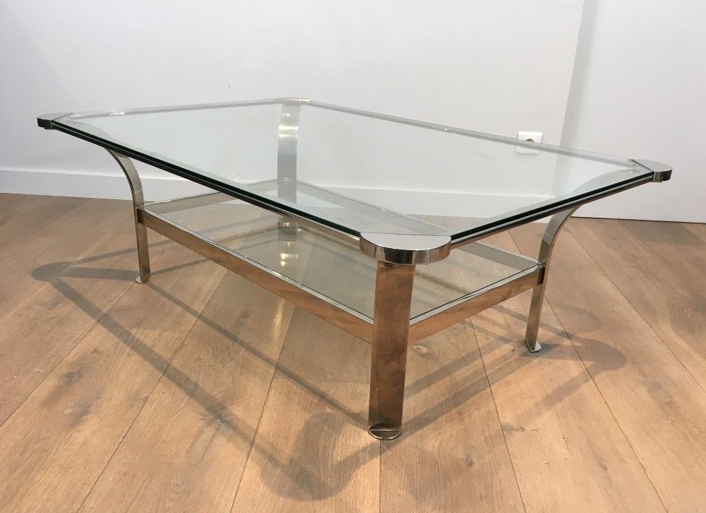 Large Design Chrome Coffee Table With Glass Shelves. French. Circa 1970 photo furniture