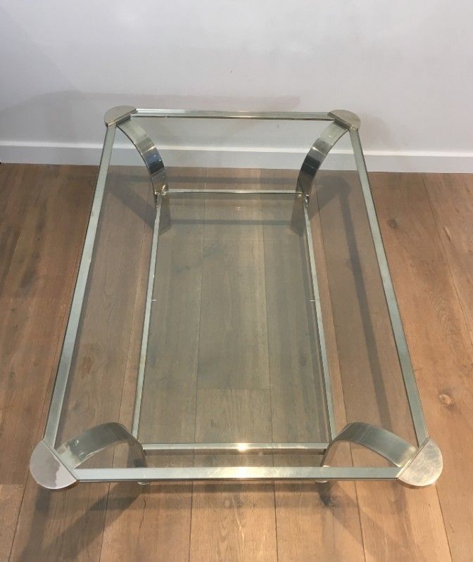 Large Design Chrome Coffee Table With Glass Shelves. French. Circa 1970 photo 1850.0