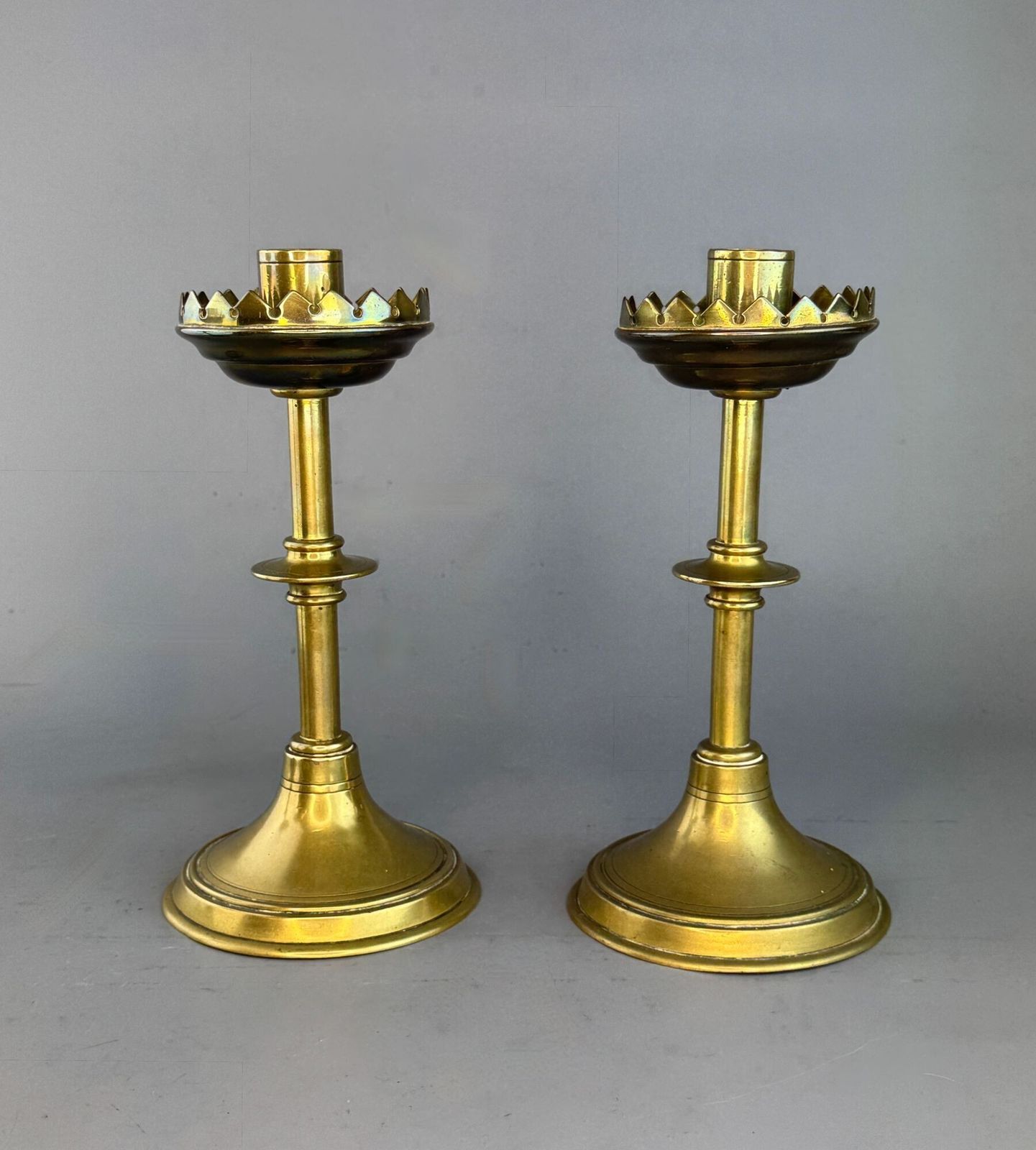 Pair Of Brass Candlesticks Of Gothic Design