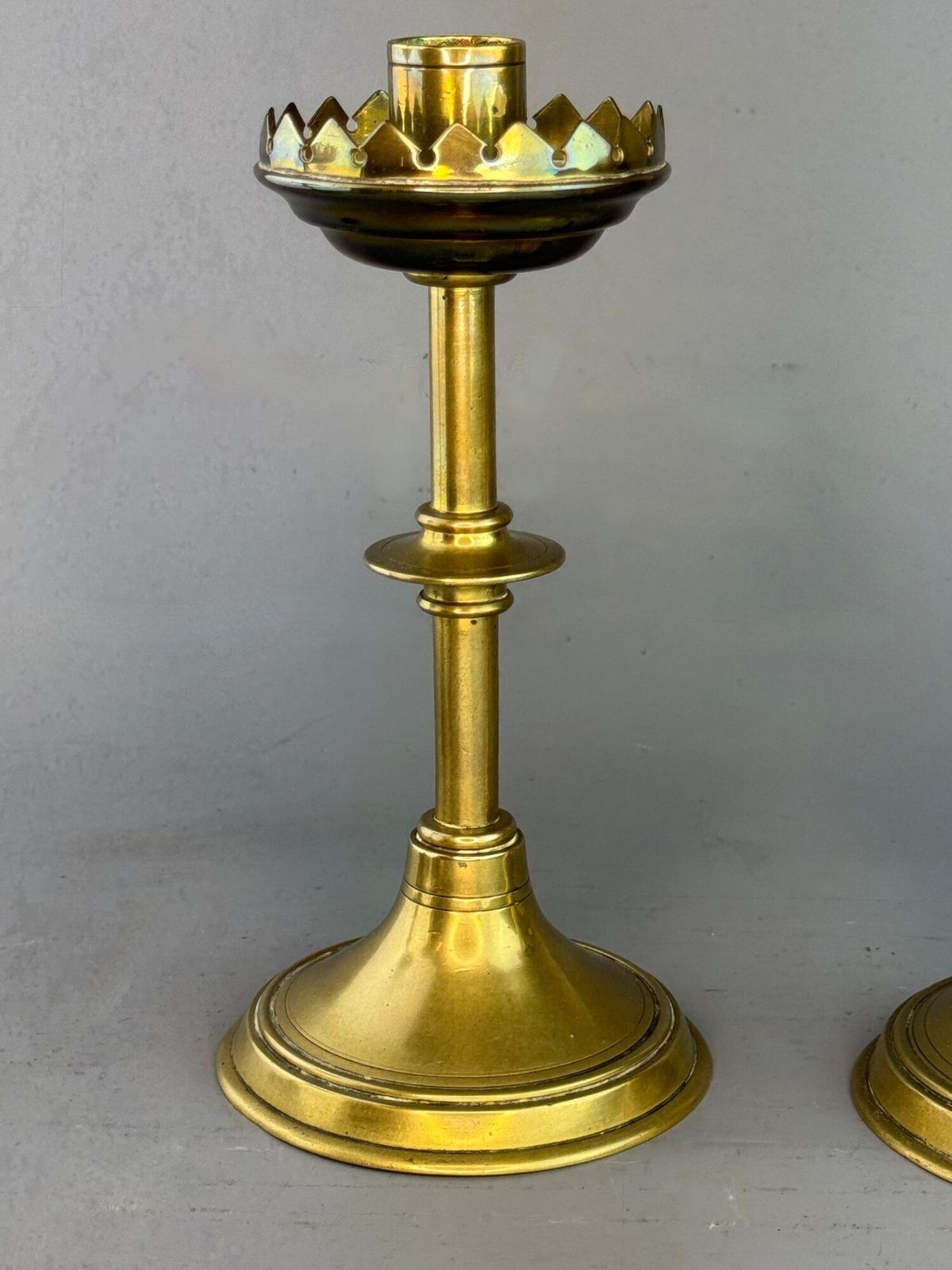 Pair Of Brass Candlesticks Of Gothic Design photo for sale