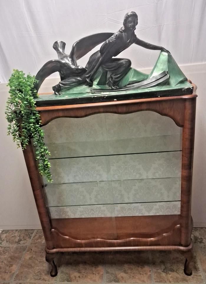 Antique Art Deco Glass Display Drink Cabinet In Walnut Burr Restored photo furniture