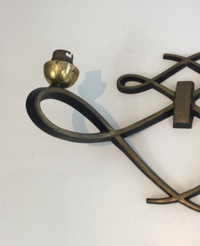 In The Style Of Jules Leleu. Pair Of Black Lacquered And Brass Design Wall Sconces. Circa 1950 photo Lighting