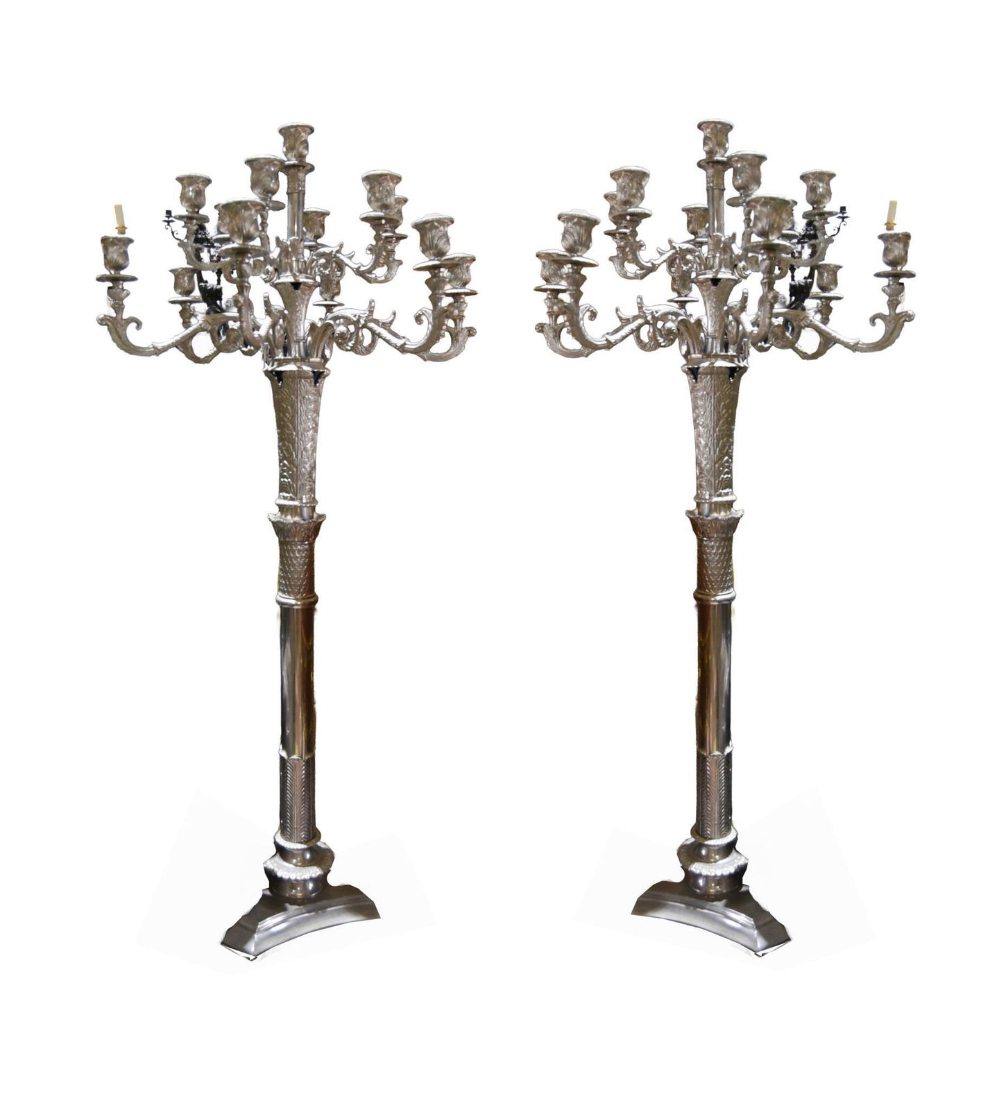 Pair Xl Neo Classical Floor Lamps Silver Plate Candelabra Lights 7 Ft   237 Cm