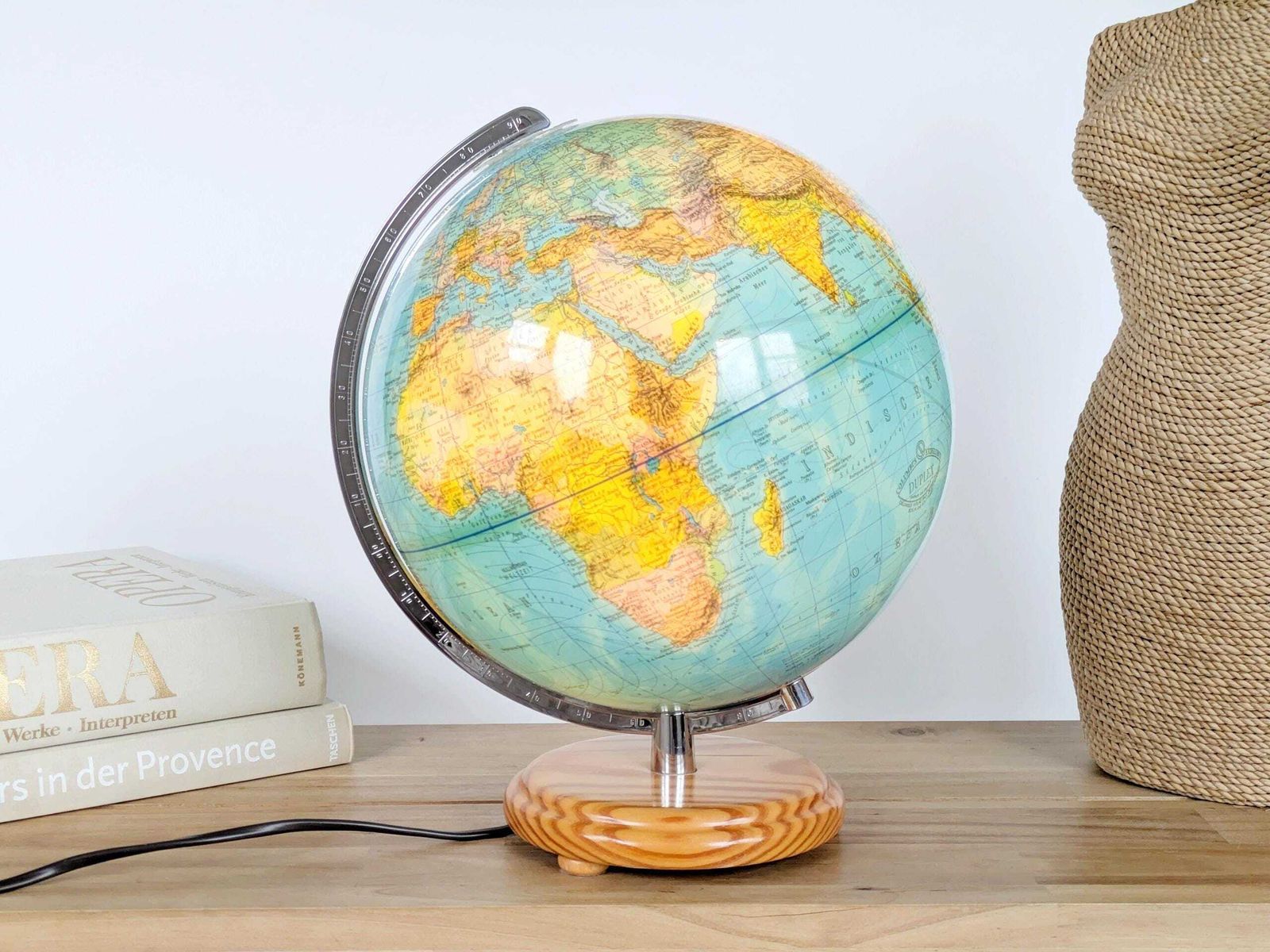 Vintage 1980s Columbus Duplex Illuminated Globe: Political & Physical Map, Pine Wood Base, European Plug