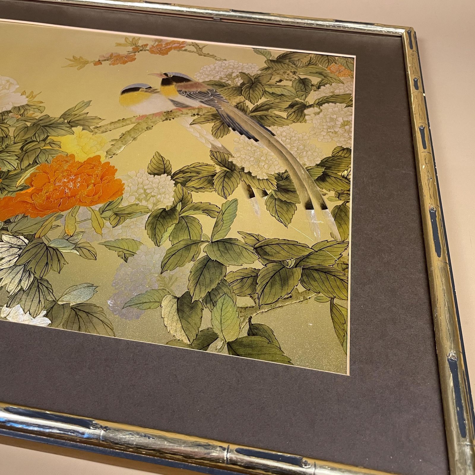65.0 Japanese Bird Floral Artwork Picture Art Oriental Style Gold Frame Peony Songbirds Illustration Nature Scene Shimmering Shiny Effect photo