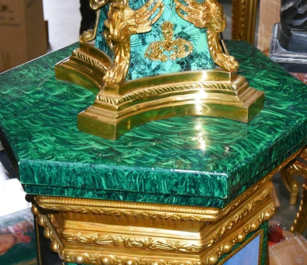 Pair Faux Malachite Pedestal Stands French Louis XVI photo vintage