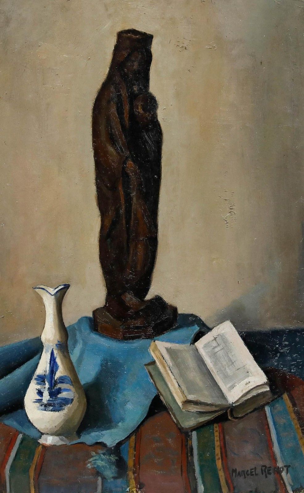 Marcel Renot (1896 1973) Mid 20th Century Oil, Still Life Of Virgin Sculpture photo furniture