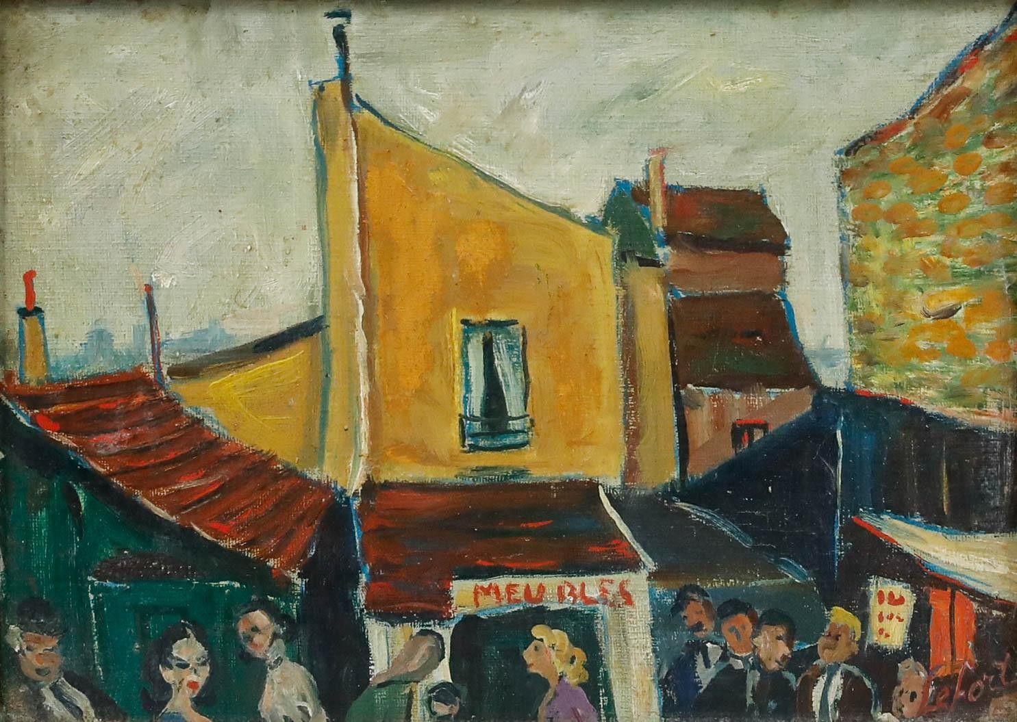 Jean Lefort (B.1948) Framed 20th Century Oil, A Flea Market In Paris photo furniture