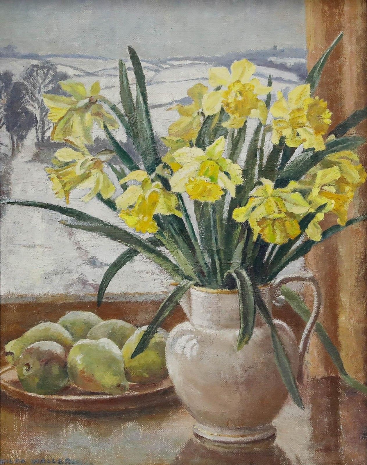 Hilda Waller Mid 20th Century Oil, Daffodils And Pears photo furniture