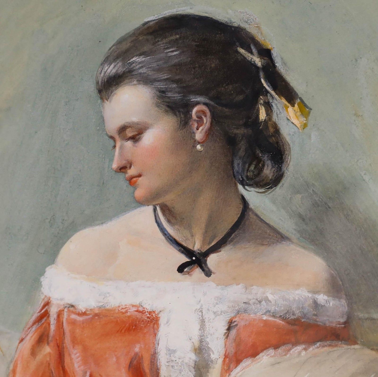 Framed Early 20th Century Watercolour Portrait Of A Lady Holding A Fan photo Art
