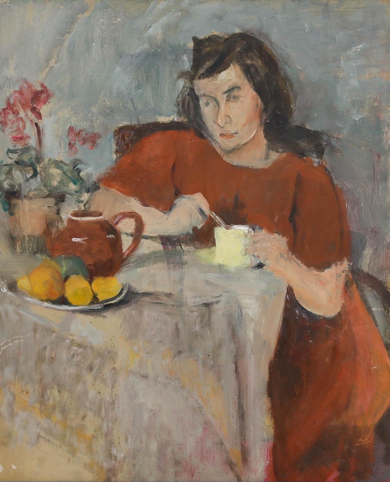 Cecile Hertz Eyrolles (1875 1974) Mid 20th Century Oil, Stirring Tea photo furniture