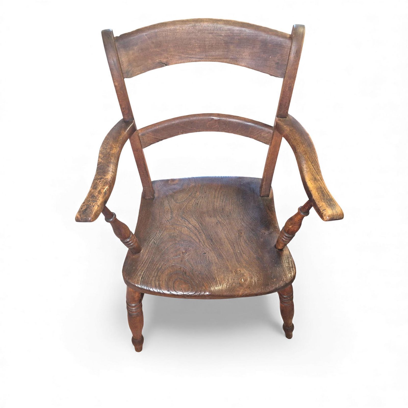 Antique Beech & Elm Country Armchair – 19th Century Bow Back Elbow Chair With Maker’s Stamp photo vinterior