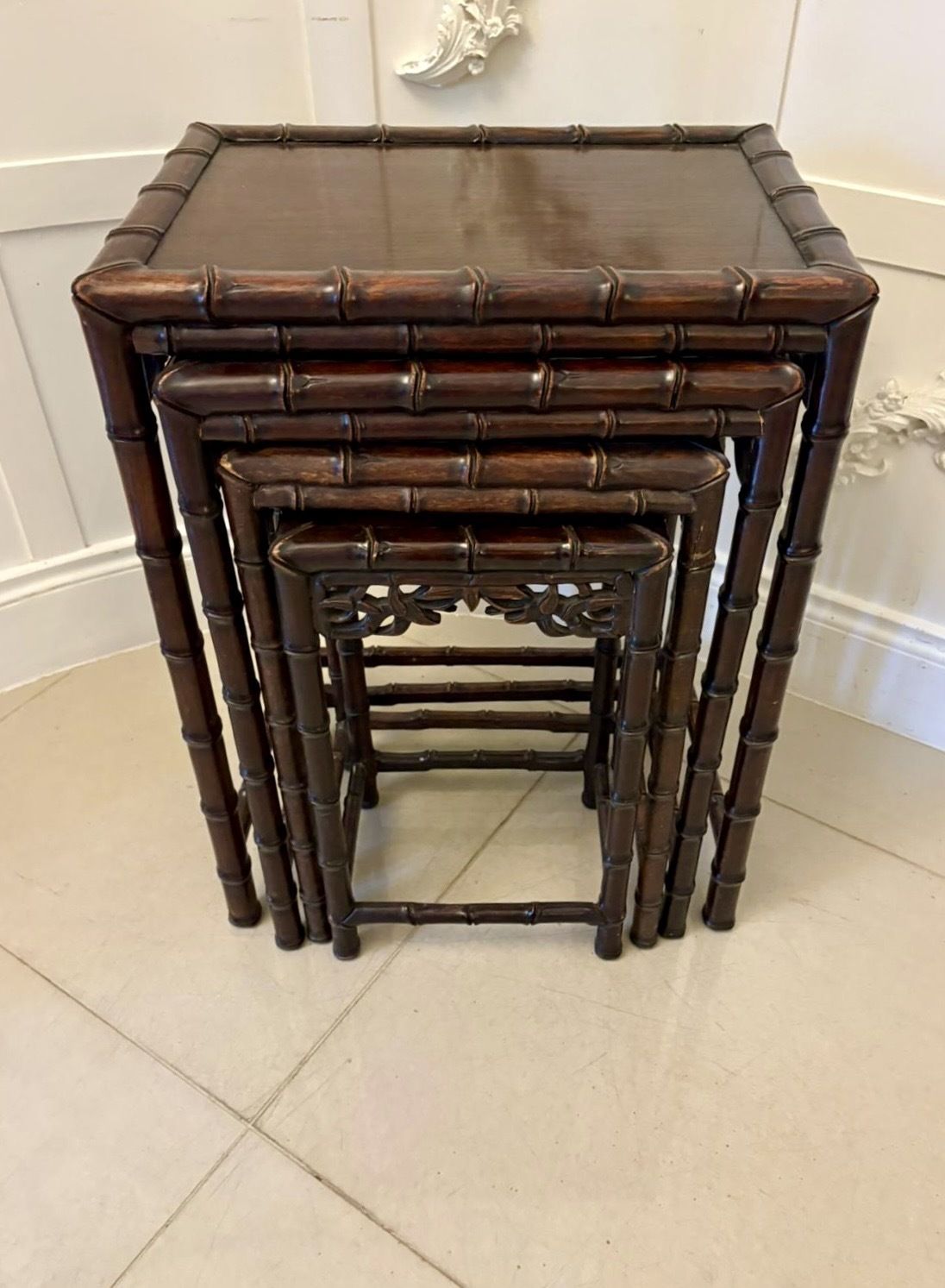 photo for sale Antique 19th Century Carved Faux Bamboo Freestanding Nest Of Tables