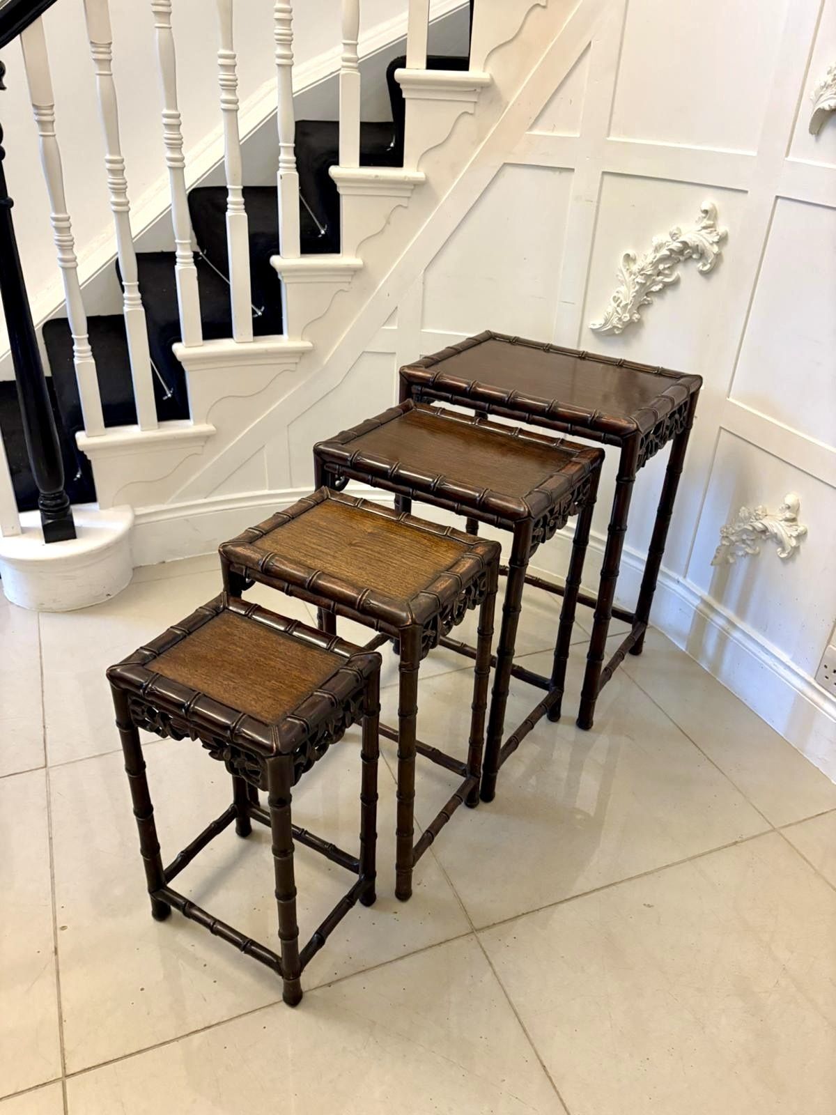 Antique 19th Century Carved Faux Bamboo Freestanding Nest Of Tables