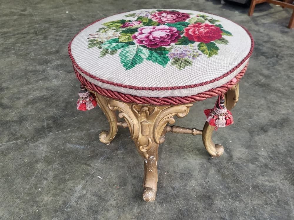 Antique Victorian Round Gilt Cabriole Legs Tapestry Stool Seat