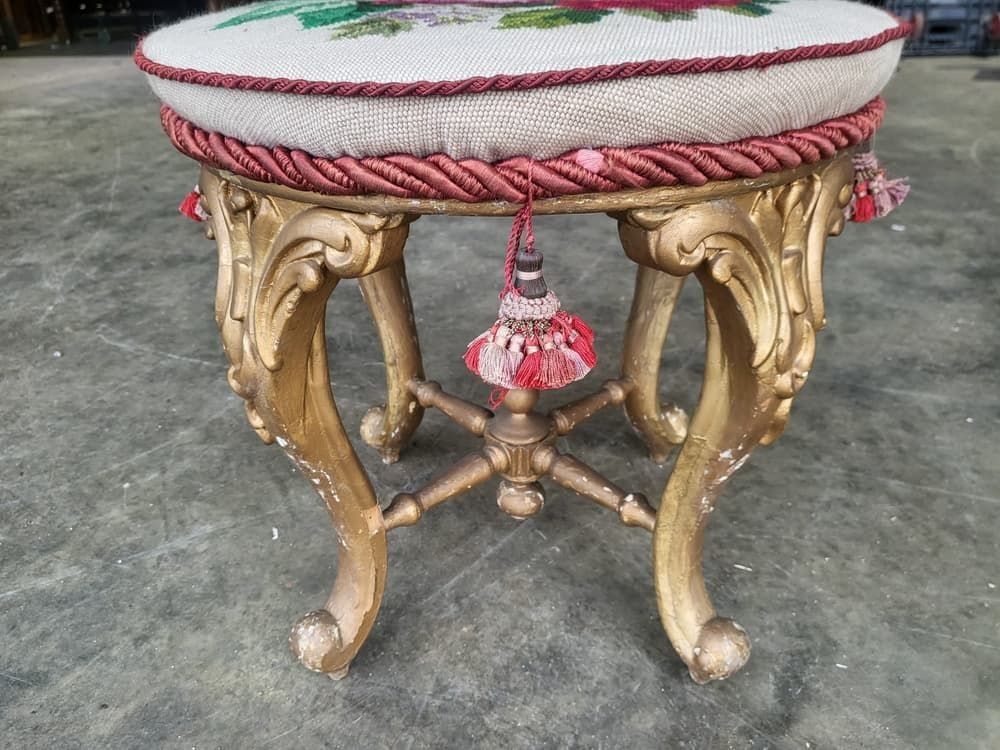 Antique Victorian Round Gilt Cabriole Legs Tapestry Stool Seat photo furniture