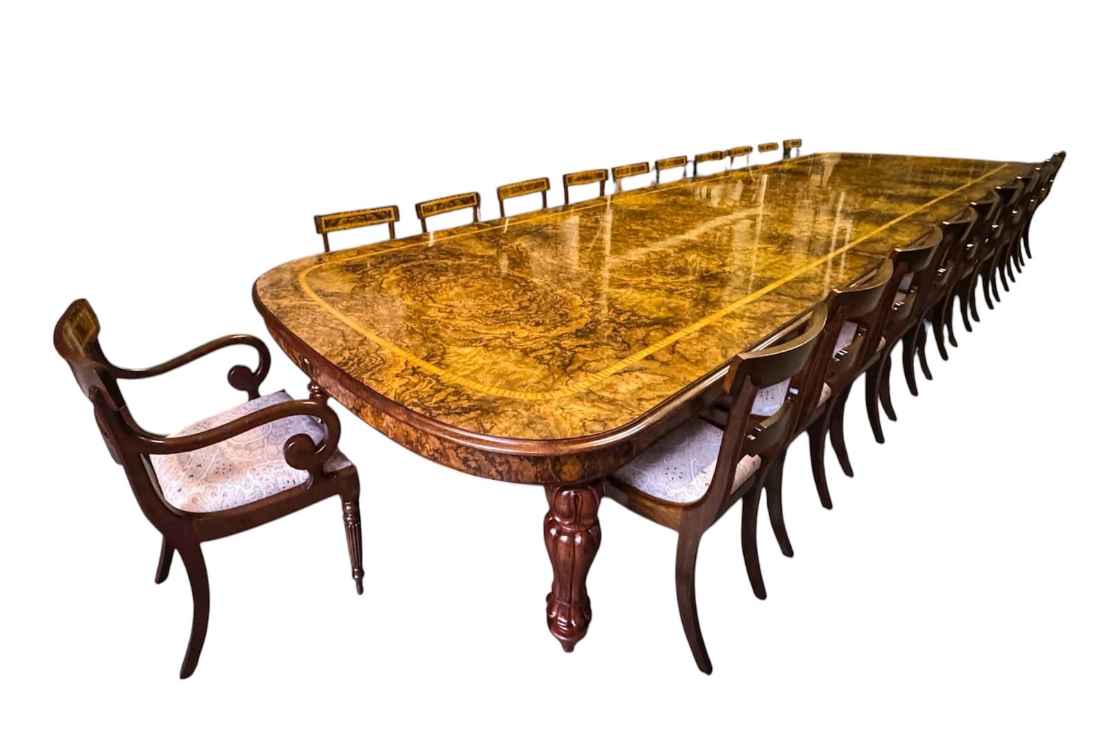 Huge Bespoke 22ft Burr Walnut & Crossbanded Dining Table & 22chairs