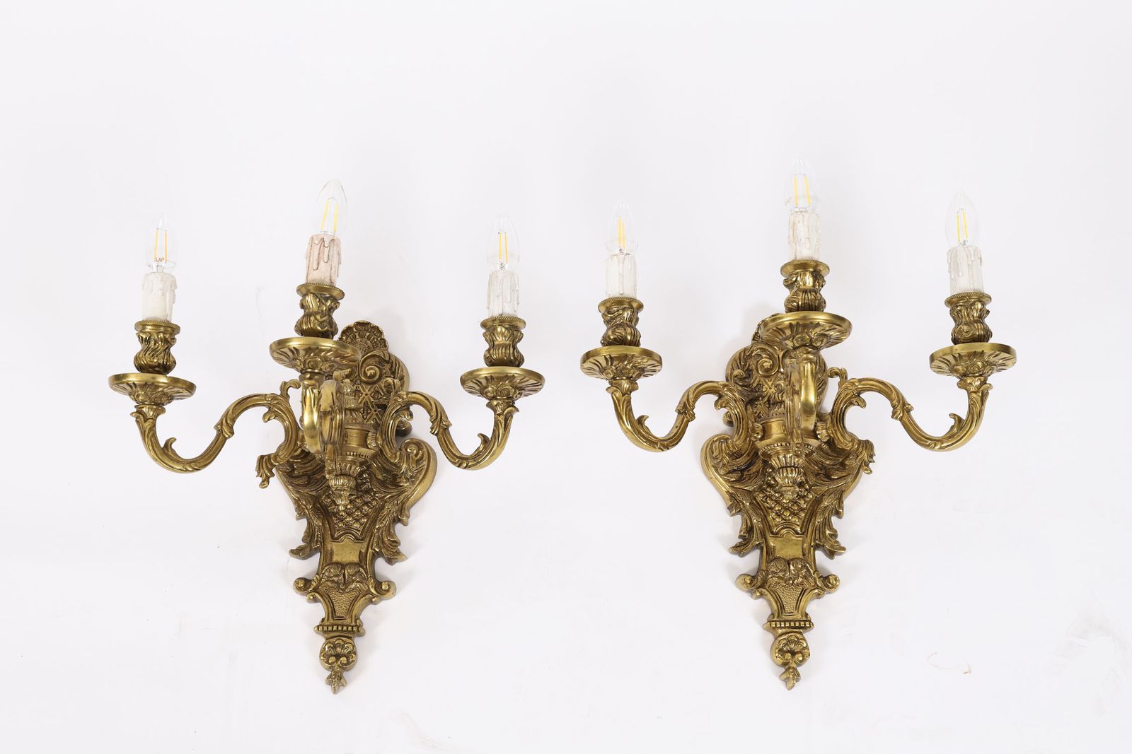 Lighting Pair Of French Louis Revival 3 Branch  Ormolu Wall Lights C1900 photo