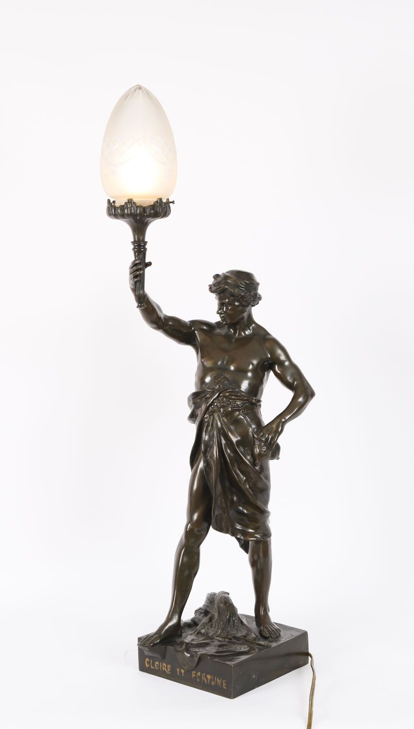 Antique Large French Bronze Lamp Of 'Gloire Et Fortune' By Emile Picault 19th C