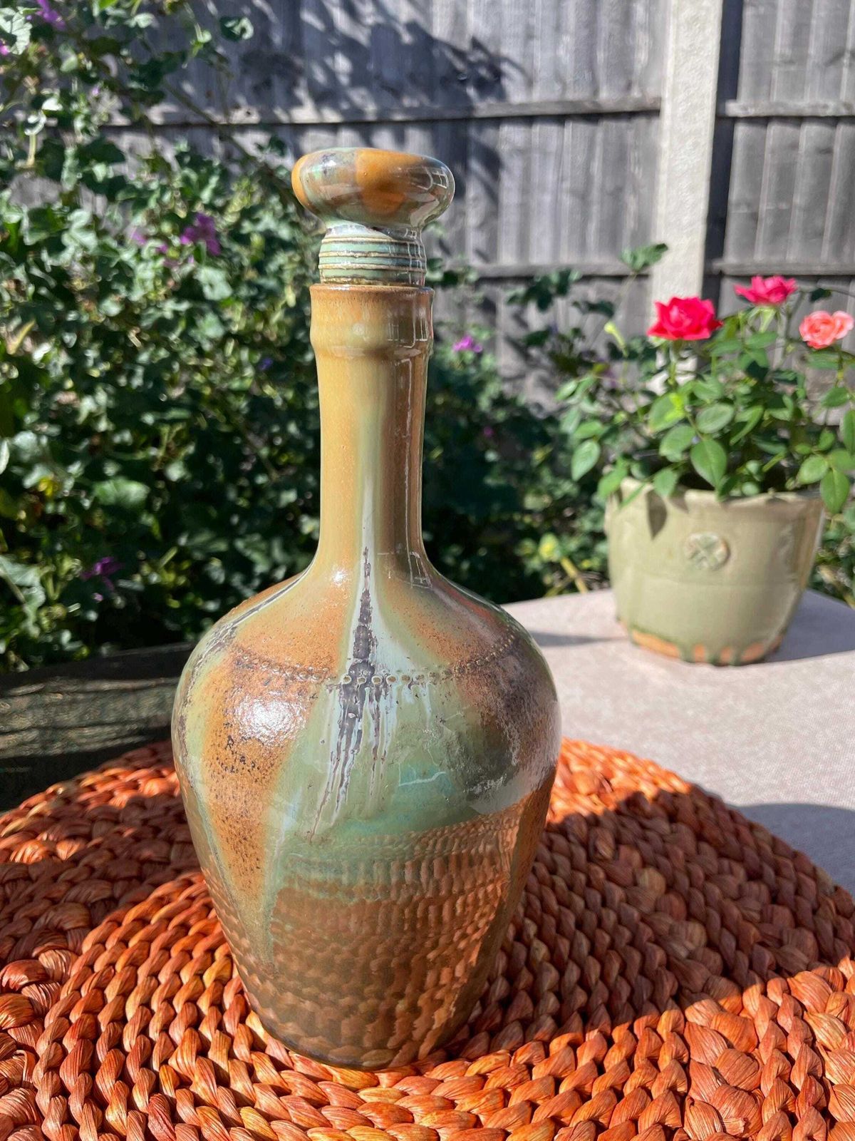 Ceramic Bottle   Port Wine   Green Brown Glaze   French   Les Vernes photo for sale