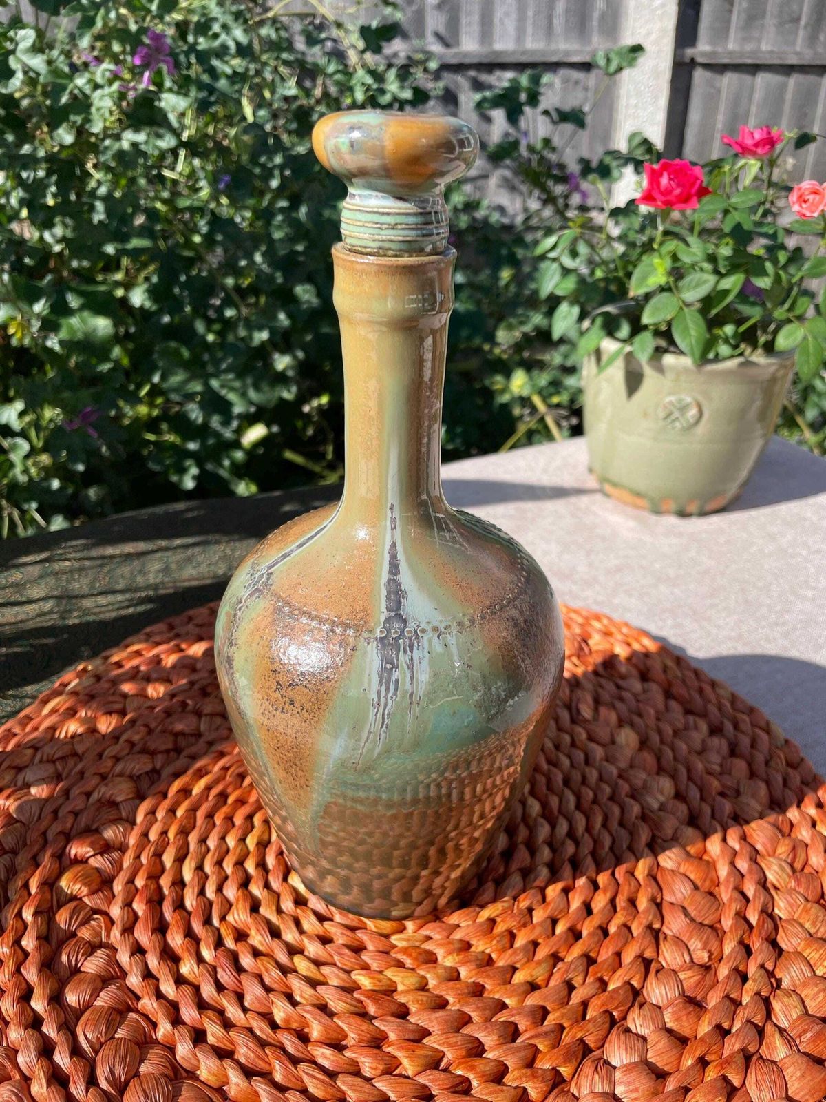 Ceramic Bottle   Port Wine   Green Brown Glaze   French   Les Vernes photo Home Decor